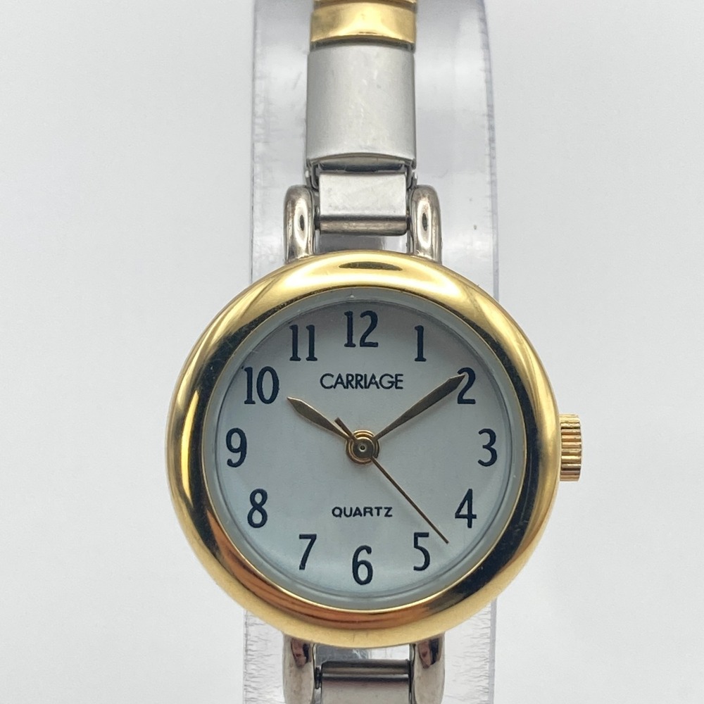 Carriage Timex Women's Watch 22mm Gold Silver Tone Stretch New Battery SMALL 6"